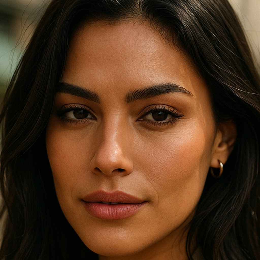 Mulher com olhar magnético e confiante.